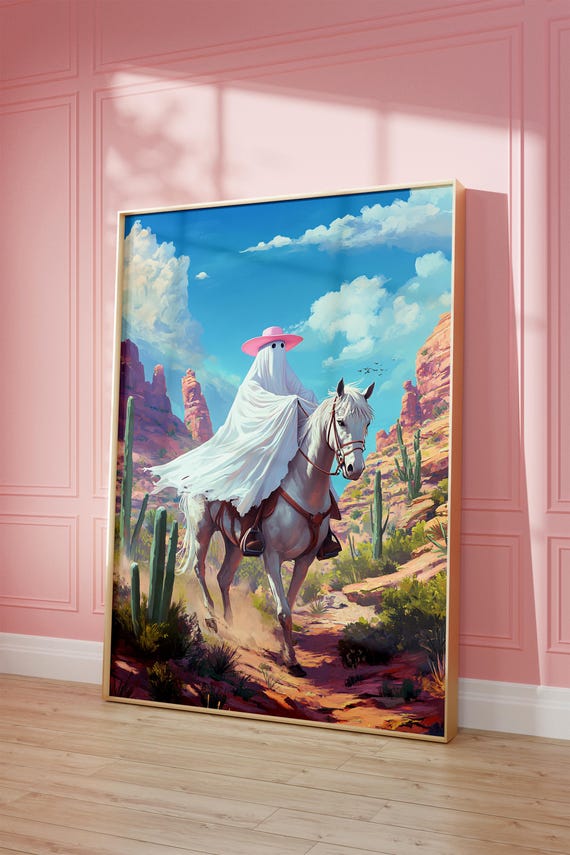 Ghost on Horse, Ghost Wall Art Print, Halloween Decor, Trendy Wall Art, Preppy Trendy Printable Art, Cute Ghost Art, Print Girls Room, y2k