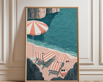 ビーチパラソルのプリント、トロピカルサマープリント、ガーリービーチプリント、レトロな海岸アート、トレンディな夏のポスター、ピンクのストライプの海岸ウォールアート