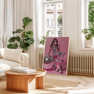 May include: A silver jumpsuit with a pink bubblegum and roller skates, sitting on a silver disco ball. The person is wearing a silver jumpsuit and has a pink bubblegum in their mouth. The background is pink.