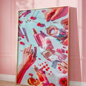 Poker Night Decor, Preepy wall art, Retro Digital, Accessori per carrelli da bar, Stampa murale di carte da gioco rosa vintage, Carte da gioco, Trendy Funky