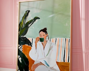 Emerald Orange Green Abstract People Wall Art, Female Abstract Painting, Figurative Art, People Abstract Eclectic Prints, Coffee Lover Art