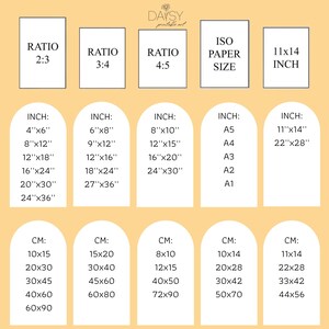 May include: A chart with different ratios and paper sizes for printable art. The chart includes inch and centimeter measurements for each ratio and paper size. The ratios are 2:3, 3:4, and 4:5. The paper sizes are A5, A4, A3, A2, and A1. The chart also includes a 11x14 inch option.