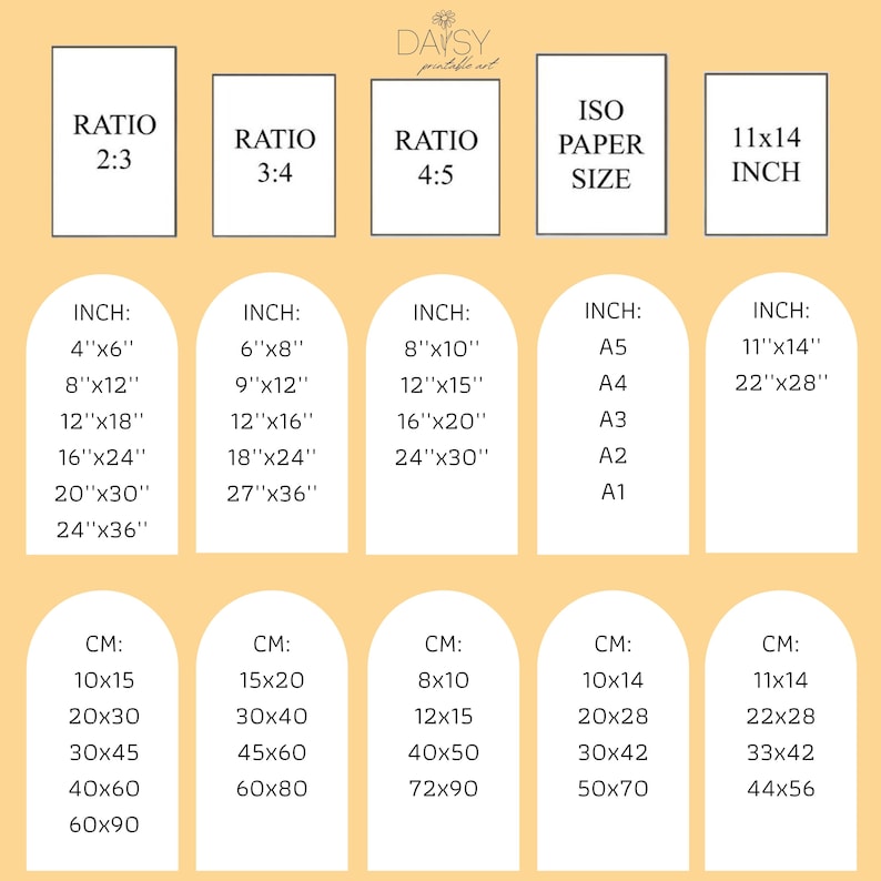 May include: A chart with different ratios and paper sizes for printable art. The chart includes inch and centimeter measurements for each ratio and paper size. The ratios are 2:3, 3:4, and 4:5. The paper sizes are A5, A4, A3, A2, and A1. The chart also includes a 11x14 inch option.