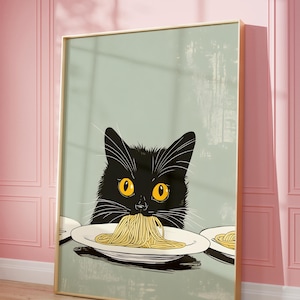 Black Cat Spaghetti Art Print, Whimsical Cat Kitchen Decor,  Lover Gift Quirky Cat Illustration Black Cat Pasta Print, Cat Kitchen Print,
