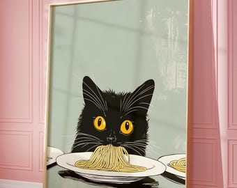 Black Cat Spaghetti Art Print, Whimsical Cat Kitchen Decor,  Lover Gift Quirky Cat Illustration Black Cat Pasta Print, Cat Kitchen Print,