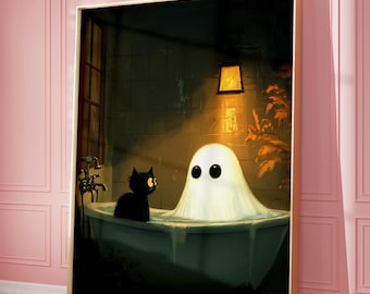 Ghost en kat in bad print, Ghost Wall Art Print, trendy muurkunst, Halloween afdrukbare muurkunst, spookachtige bubbelbadkunst, badkamerdecor, y2k