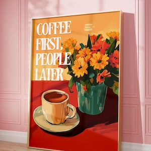 Coffee First, modny plakat retro, sztuka ścienna retro, wystrój mieszkania, wydruk wózka na kawę, wystrój dla miłośników kawy, maksymalistyczna sztuka ścienna, sztuka y2k,
