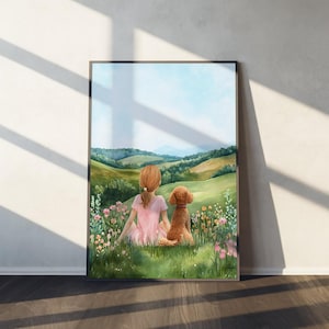 Girl and Dog in Flower Blonde Girl and Goldendoodle Painting, Colorful Heaven Wall Art Print, Wildflower Colorful, Pastel Pet Dog,Heaven y2k