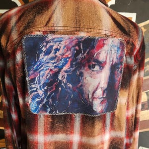 Distressed Flannel Shirt: Robert Plant Led Zeppelin Patch, Unisex Large