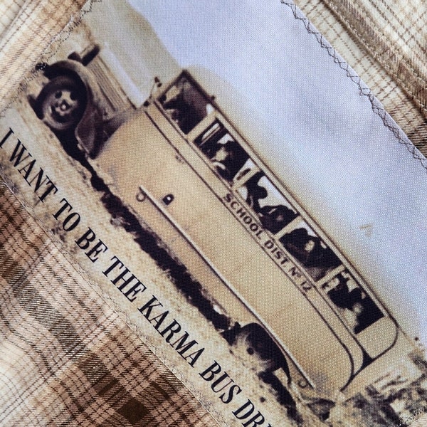 Distressed Flannel Streetwear Shirt with Karma Bus Design Sublimated to Back in Vintage Farmer Chic Shirt in UNISEX/MENS in a size XLARGE