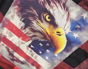 Distressed Flannel Streetwear Shirt with Eagle American Flag Design Sublimated to Back in Vintage Farmer Chic Shirt in UNISEX/MENS in XLARGE