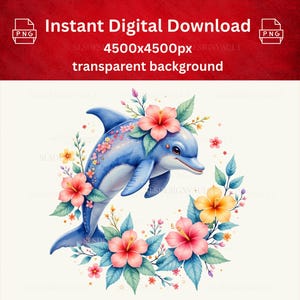Watercolor Dolphin Design, floral Clipart, PNG for Sublimation & Printables, Perfect for Mugs, T-Shirts, DIY Craft Gift, digital download