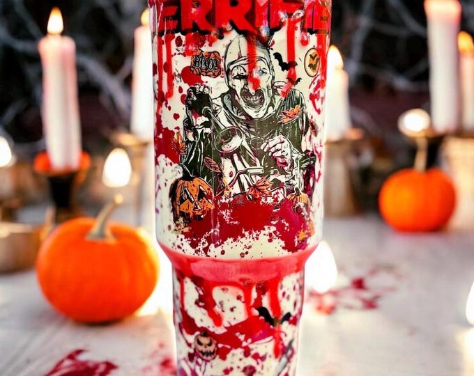 40oz Creepy Clown Horror Tumbler with Handle, Blood Drip Splatter Travel Mug, Stainless Steel Gothic Spooky Cup, Gift for Horror Fans