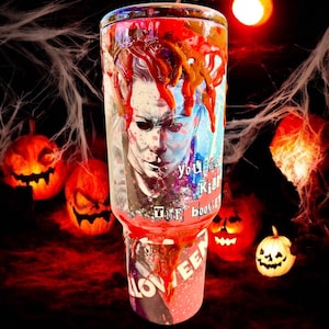 40 oz Horror Slasher Villian Tumbler | Spooky Blood Drip Cup | Scary Movie-Inspired Gift