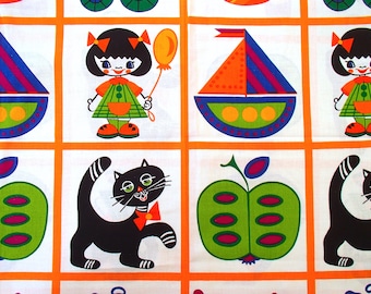 May include: A colorful fabric with a repeating pattern of a girl holding a balloon, a sailboat, a black cat, and an apple. The background is white with orange squares around each image.