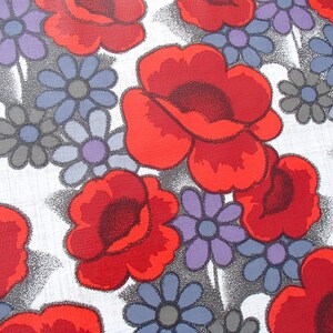 May include: Red poppy flower pattern on a white background with gray and purple floral accents.