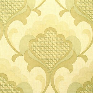 May include: Wallpaper featuring a repeating damask pattern in shades of light green and cream. The design includes stylised, curved leaf-like shapes surrounding a central section with a textured, woven-look grid pattern in olive green.
