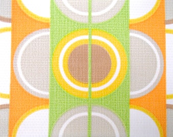 May include: Abstract geometric wallpaper with a repeating pattern of circles and stripes in shades of orange, yellow, green, white, and brown.
