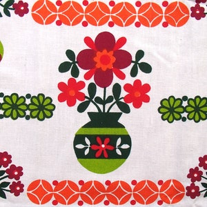 May include: A vintage fabric design featuring a repeating pattern of green, red, orange, and white flowers in vases. The flowers are stylised and have a retro 1970s feel.