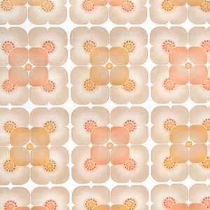 May include: A repeating pattern of beige and orange flower-like shapes on a white background. The pattern is symmetrical and has a retro feel.