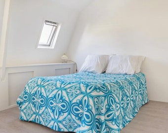 XL (bedspread size) stunning piece of vintage fabric / mediterranean blue / 250cmx250cm