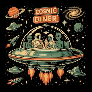 Cosmic Diner T-Shirt: Retro Sci-Fi Galaxy Wars Tee