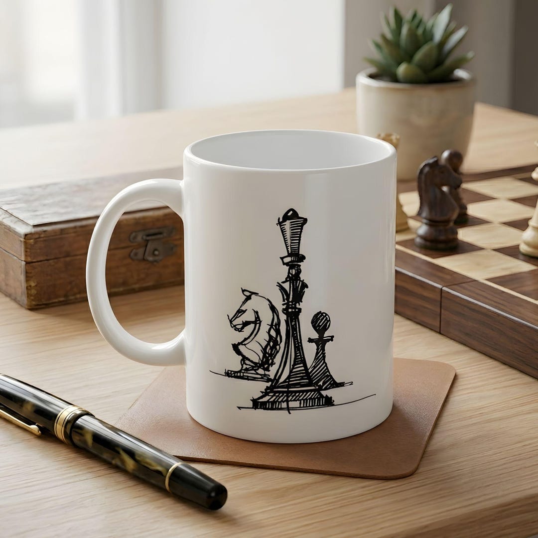 Minimalist Chess Mug | Hand Drawn Sketch Pieces Coffee Cup for Players ...