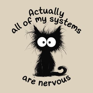 Könnte beinhalten: Cartoon-Illustration einer schwarzen Katze mit großen weißen Augen und zerzaustem Fell. Der Text über der Katze lautet "Actually all of my systems" und darunter "are nervous". Die Katze sitzt auf beigem Hintergrund.