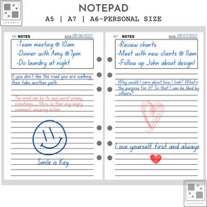 May include: White notepad with lined pages, featuring handwritten notes and inspirational quotes. Includes a smiley face drawing and a heart drawing. The notepad is labeled "NOTEPAD" and lists sizes A5, A7, and A6-PERSONAL SIZE.
