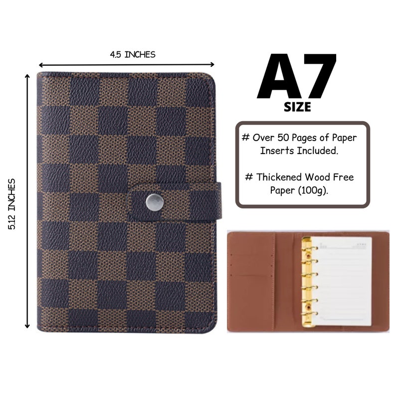 May include: A7 size brown leather bound notebook with a checkered pattern. The notebook measures 5.12 inches by 4.5 inches. It includes over 50 pages of paper inserts and is made with thickened wood-free paper.