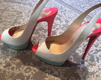 Christian Louboutin Blue, pink, White - Colorblock Patent Leather Slingback/10