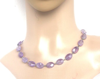 amethyst necklace faceted amethyst natural stone birthstone semi precious lavender bib choker tassel one strand handmade stainless steel