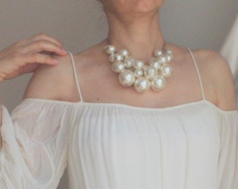 big faux pearl bubble bib statement necklace cluster oversize formal jewelry handmade for her bridal  bride  gift wedding for woman 3D