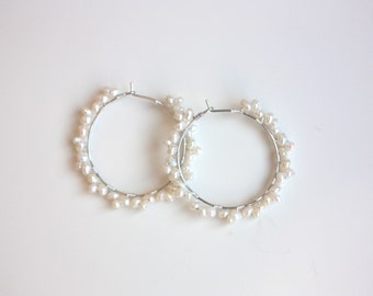 fresh water pearl hoop earrings amorphous pearl beads handmade minimalist minimal for her wire wrapping lace bride bridal wedding silver ton