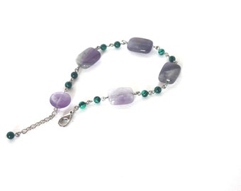 amethyst malachite bracelet unique handmade jewelry natural stone semi precious birthday stone rectangle round purple lavender green silver