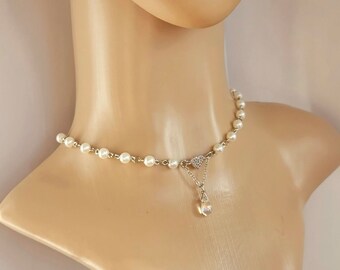 Pearl choker faux pearl beads necklace handmade jewelry stainless steel heart teardrop shaped crystal bead