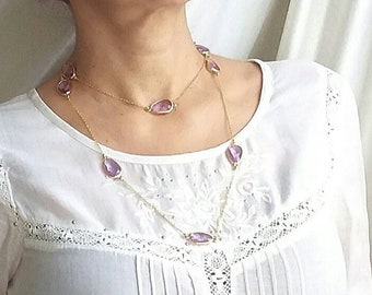 long necklace gold tone chain light purple faceted layering lavender violet lucite clear transparent framed beads elegant unique jewelry