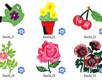 Puede incluir: Colección de diseños bordados de flores e insectos. Incluye una telaraña, abeja, regadera, flores en maceta, cerezas, mariposas, margaritas, rosas, amapolas, una mariquita en una hoja y acebo.