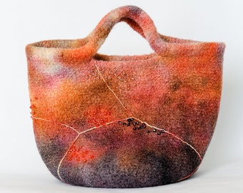 Felted Wool Bag, Hand Dyed Bag, Beaded Bag, Beaded Purse, Hand Dyed Felted Wool Bag, Kintsukuroi Pottery, All Occasion Bag
