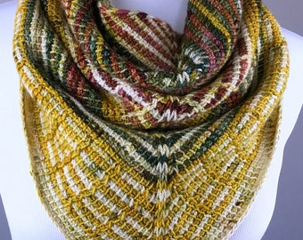 Hand Dyed Cowl, Striped Cowl, Mosaic, Geometric, Triangle Cowl, Cream and Burgundy, Green and Gold,  Tunisian Crochet, Gift for Her