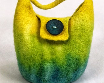 Hand Knit Bag, Felted Wool Bag, Hand Dyed, Color Comforts, Teal Bag, Green Yellow Bag, Knit Felted Purse, Felted Wool Purse