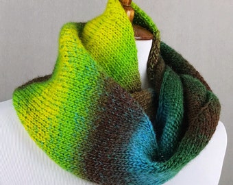 Infinity Scarf, Long Narrow Scarf, Double Wrap Cowl in shades of Yellow, Green, Brown and Blue