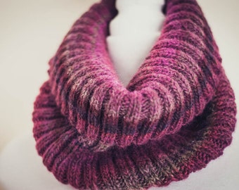 Hand Knit Ribbed Cowl Neck Warmer – Cowl Scarf in Shades of Burgundy Raspberry Grey