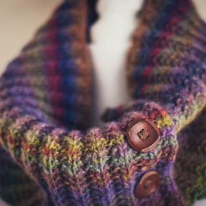 Button Cowl Circle Scarf in shades of Blue Green Purple Gold Tan Red