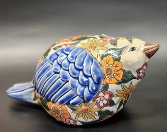 Hand Sculpted Ceramic Bird Hand Painted Sgraffito