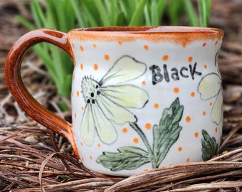 Wheel Thrown Stoneware Pottery Coffee Tea Mug Cup Hand Painted Black Eyed Susan Flowers 9 oz.