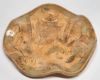 Handmade Pottery Ceramic Hosta Leaf Bowl Dish Orange Seafoam Brown Ruffled Rim