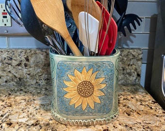Hand Made Stoneware Pottery Large Utensil Holder Sunflower 100% of proceeds will be donated to Ukraine