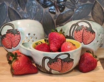 Wheel Thrown Stoneware Small Berry Bowl Hand Painted Sgraffito Strawberry Design