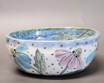 Second Sale: Hand Built Stoneware Large Cereal Soup Ice Cream Bowl Hand Painted Cone Flowers